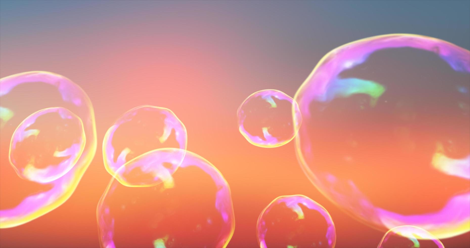 Abstract transparent soap bubbles flying up bright iridescent beautiful festive against the backdrop of sunset. Abstract background photo