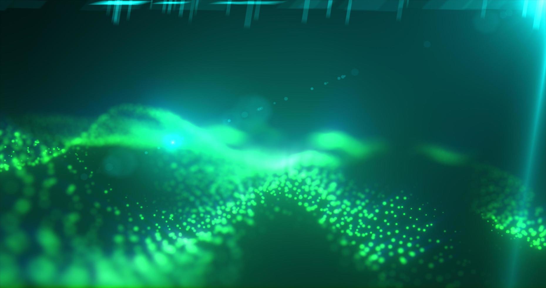 Abstract glowing green magic energy wave from particles and dots bright shiny on a dark background. Abstract background photo