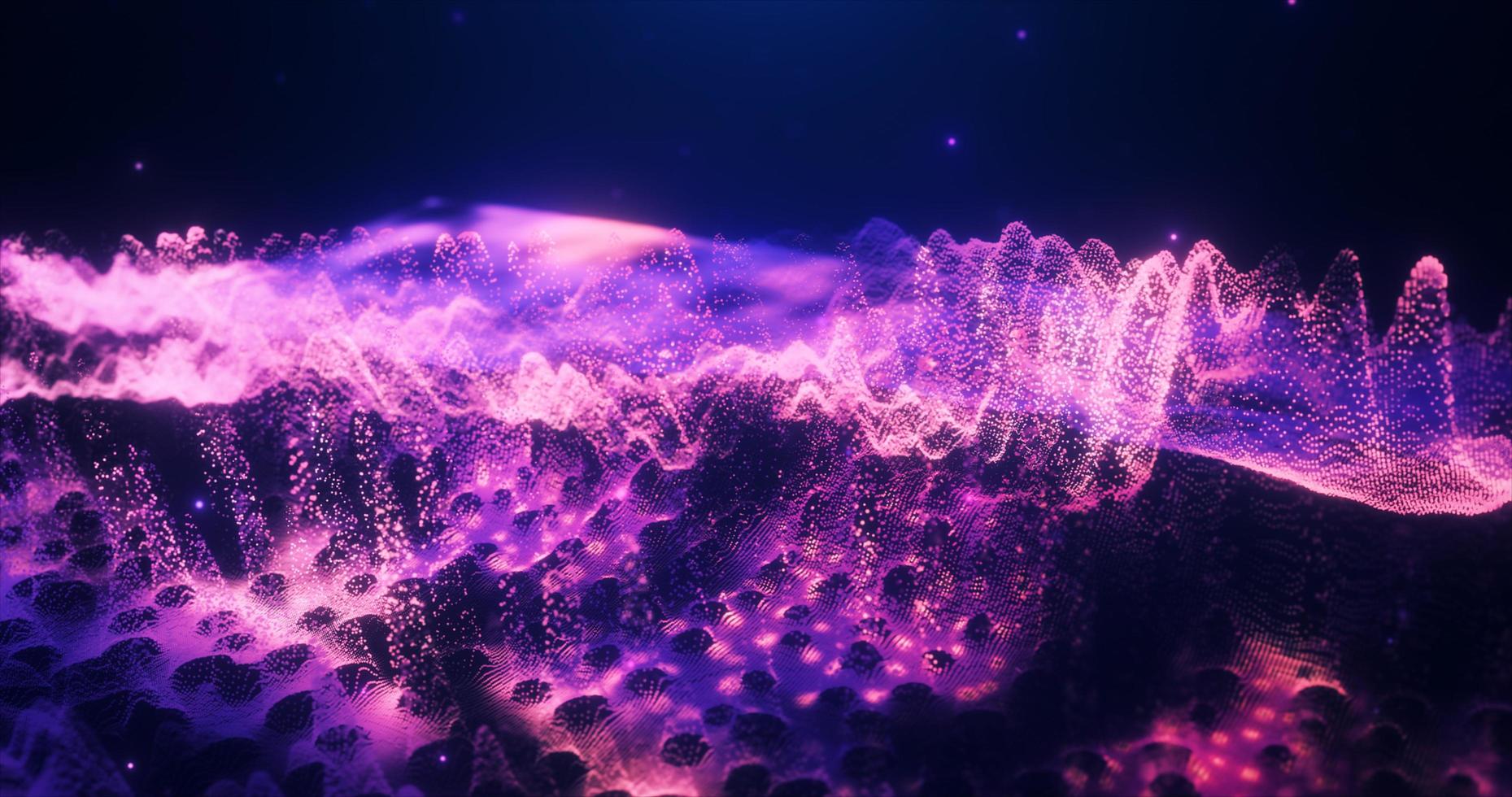 Abstract moving purple futuristic landscape of particles and dots of energetic magic with glow and blur effect, abstract background photo