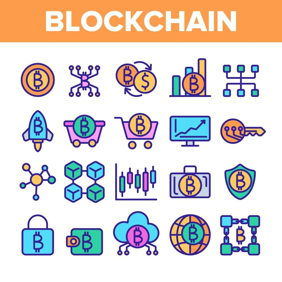 Blockchain Technology, Cryptocurrency Vector Linear Icons Set