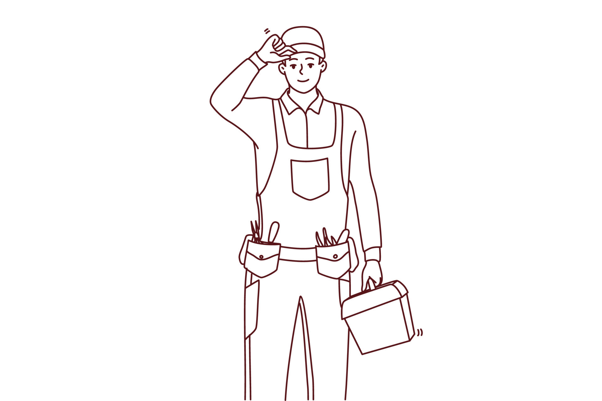 Smiling young maintenance worker in uniform with tools in hands. Happy