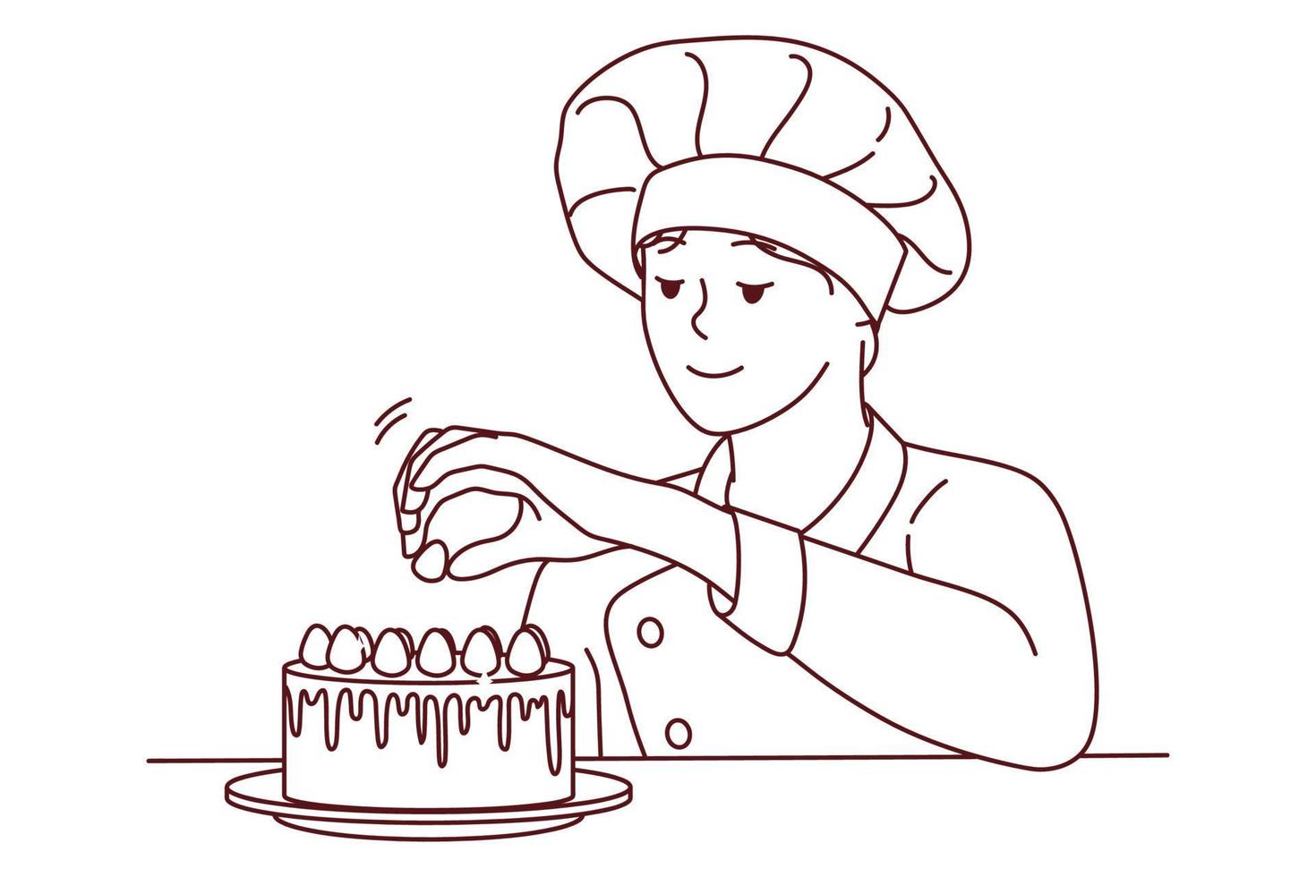 Smiling pastry chef decorating cake with fruits. Happy female baker finishing dessert with raspberries. Cuisine and bakery concept. Vector illustration.