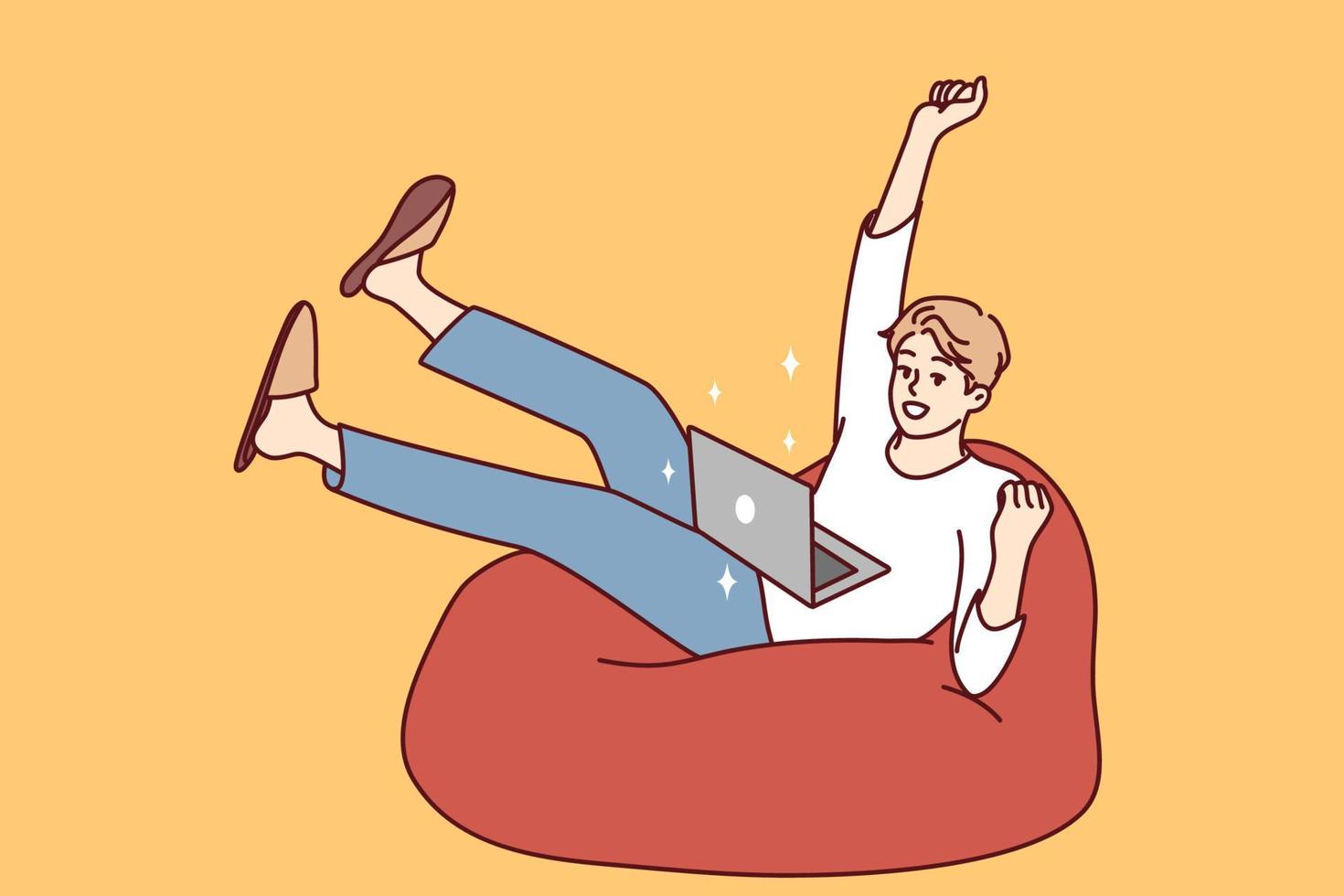 Happy young man sit on sofa triumph win lottery online on computer. Excited guy use laptop feel euphoric with good news online on victory. Vector illustration.