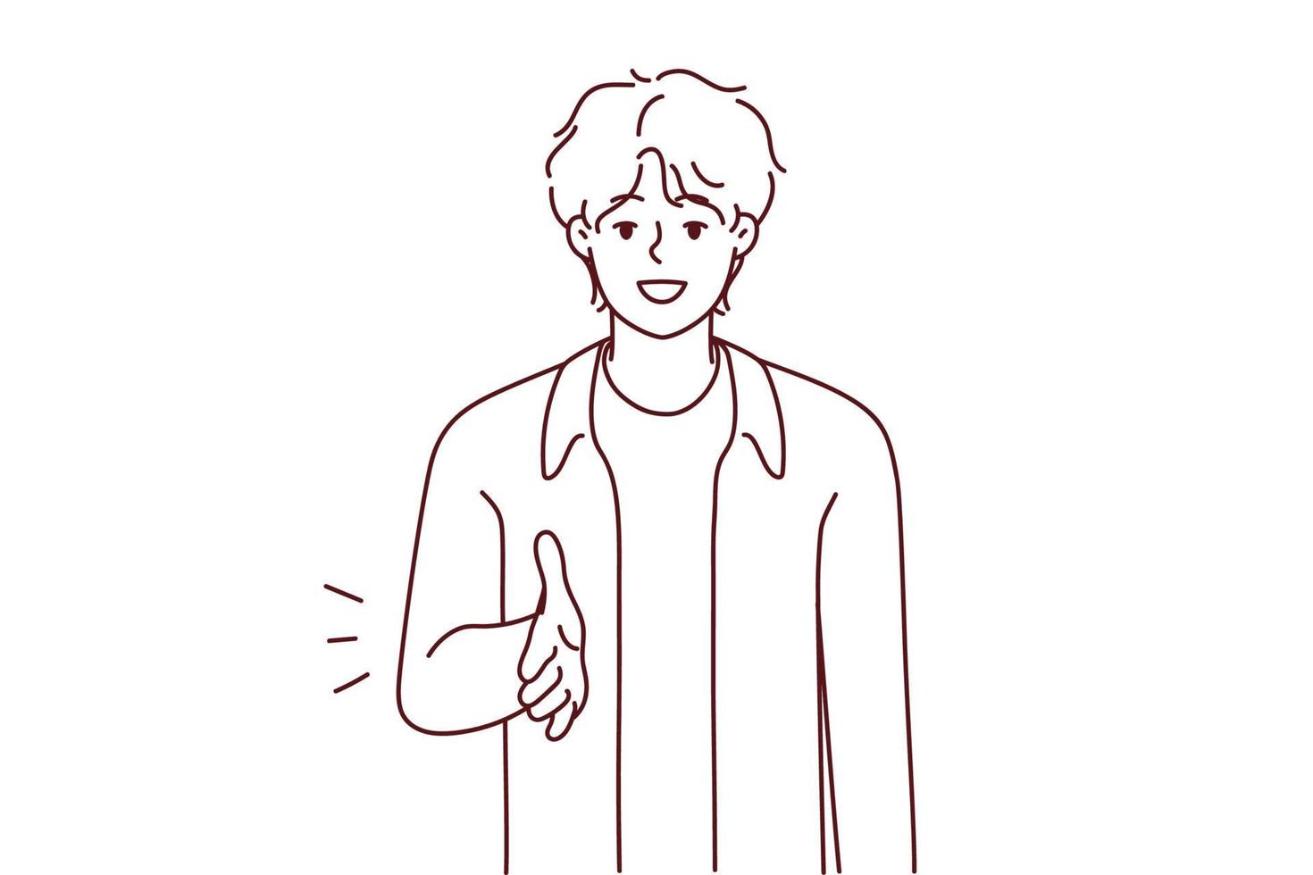 Smiling young man stretch hand for shake getting acquainted or meeting someone. Happy guy handshake at meeting closing deal. Vector illustration.