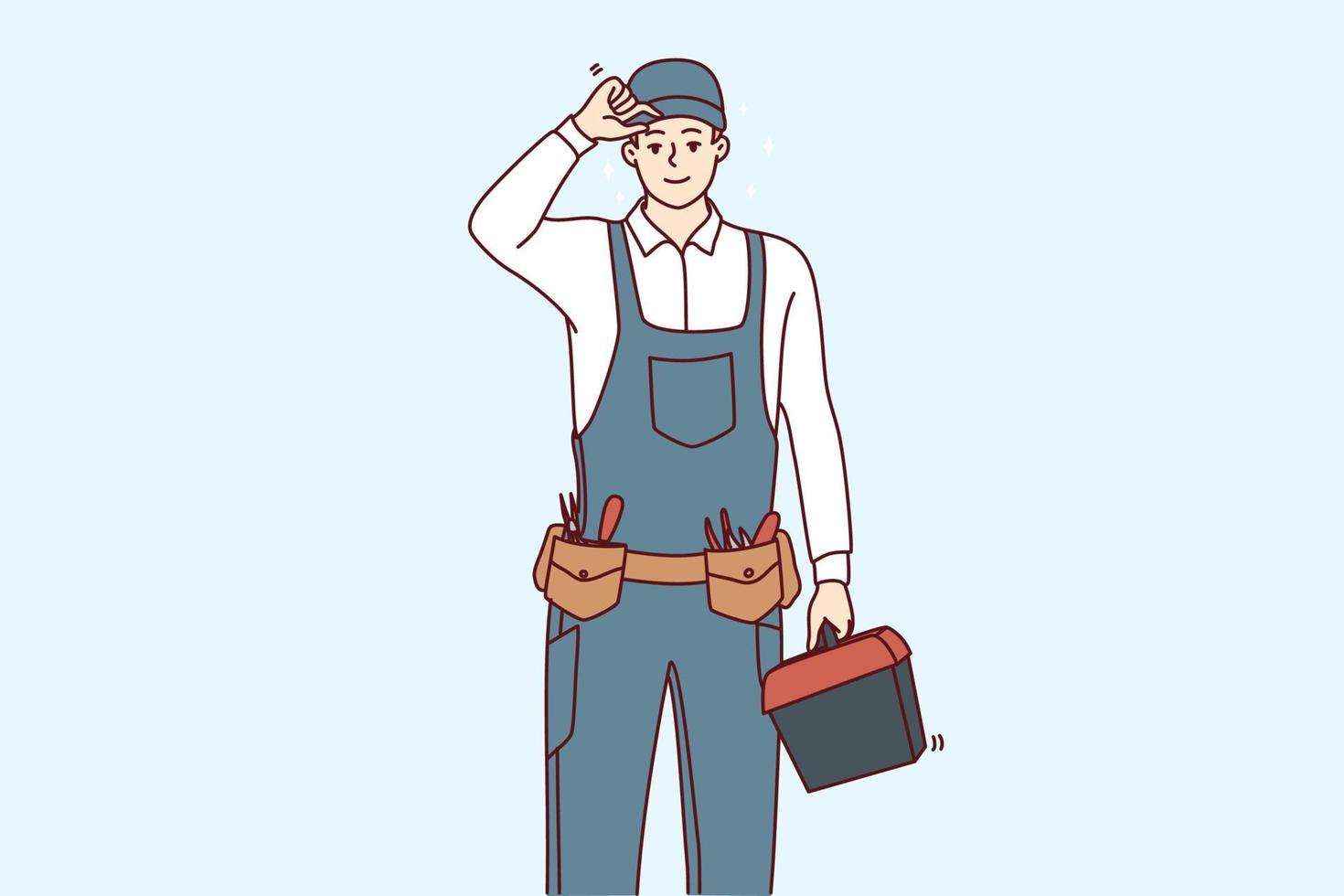 sonriente joven trabajador de mantenimiento en uniforme con herramientas en las manos. feliz reparador o mecánico con caja de instrumentos y equipo. ilustración vectorial vector