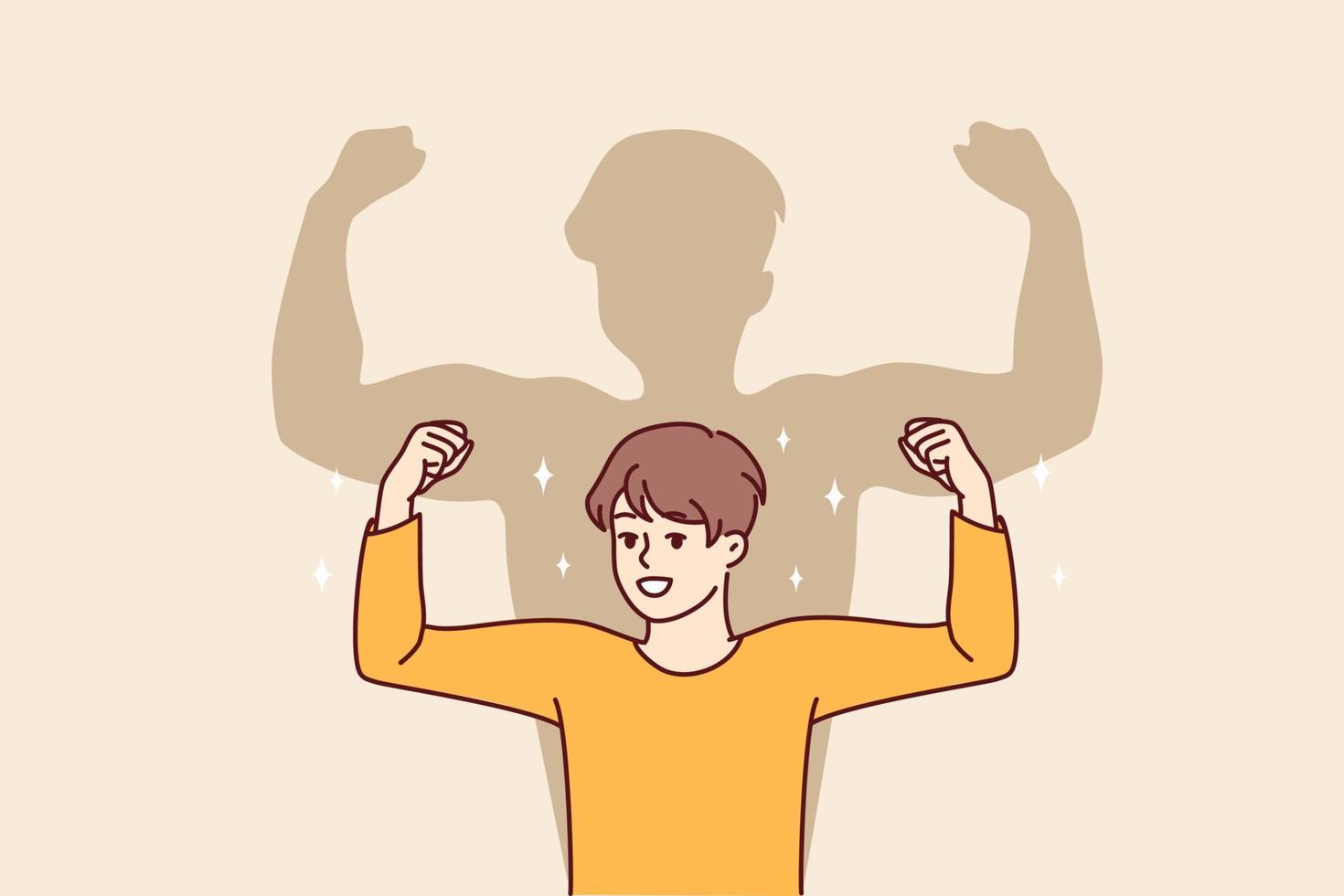 Smiling boy child show muscles dream of becoming big and strong. Happy kid imagine himself feeling strong and powerful. Vector illustration.