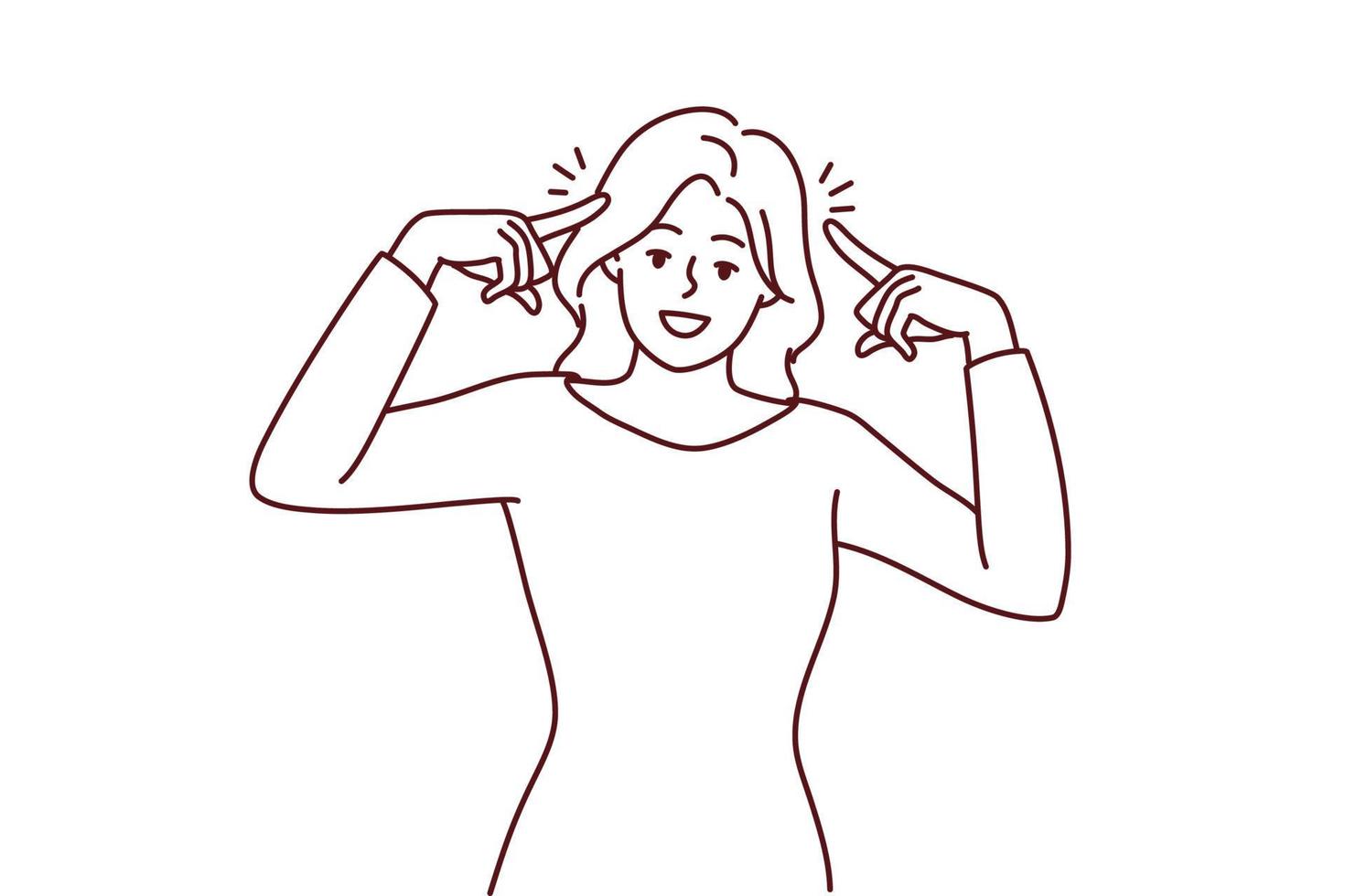 Smiling woman point at herself feeling successful and confident. Happy female show at head with fingers generate ideas. Vector illustration.