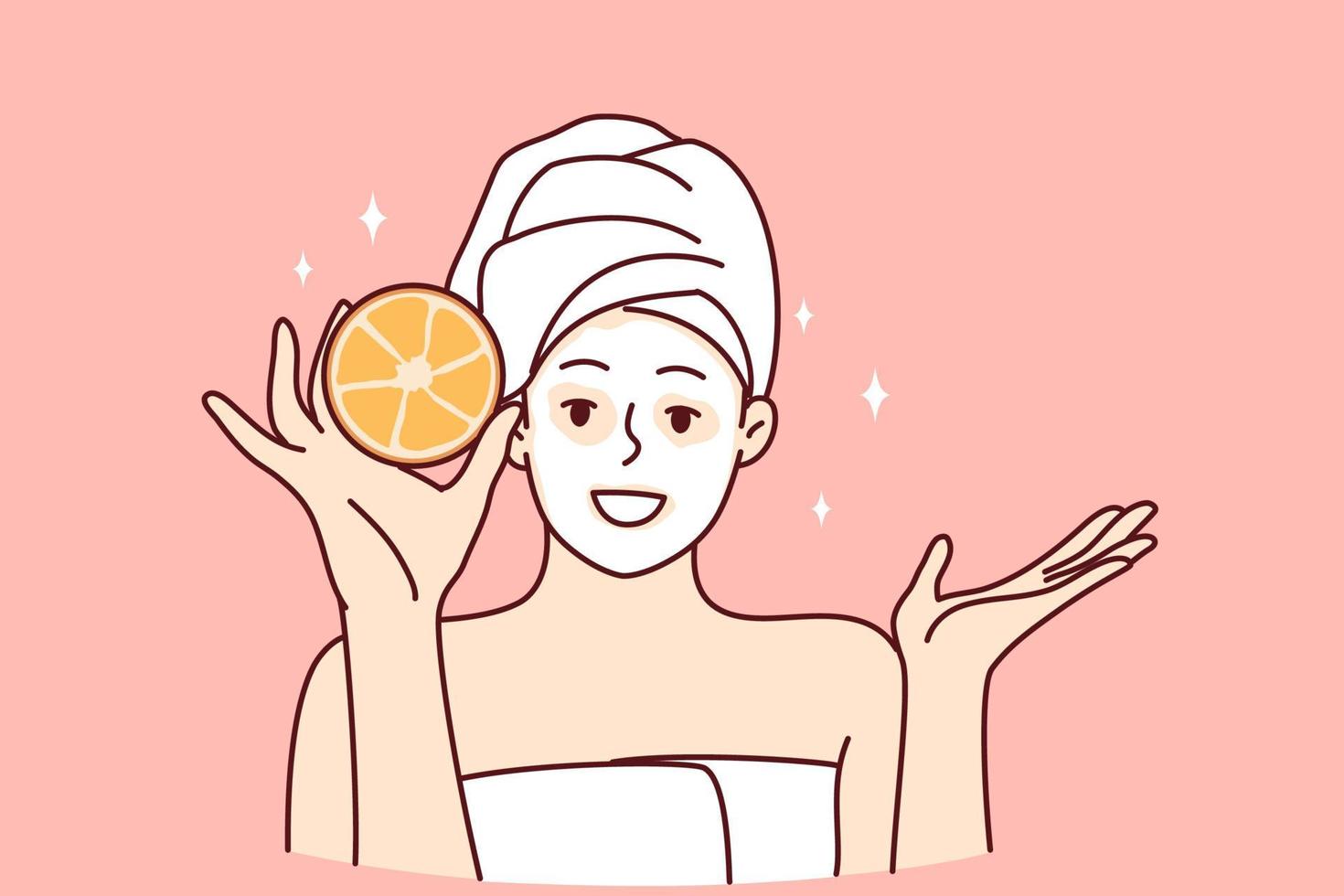 Smiling woman in towel and bathrobe do facial beauty procedures in spa. Happy girl enjoy face skincare procedures at home. Cosmetology concept. Vector illustration.