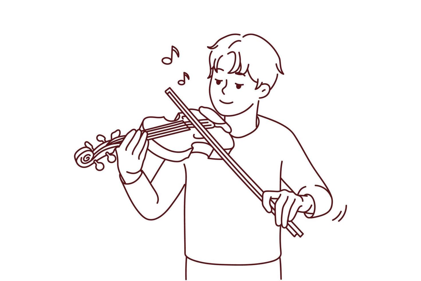 Happy young man playing on violin enjoying music. Smiling guy play on musical instrument. Hobby and entertainment. Vector illustration.