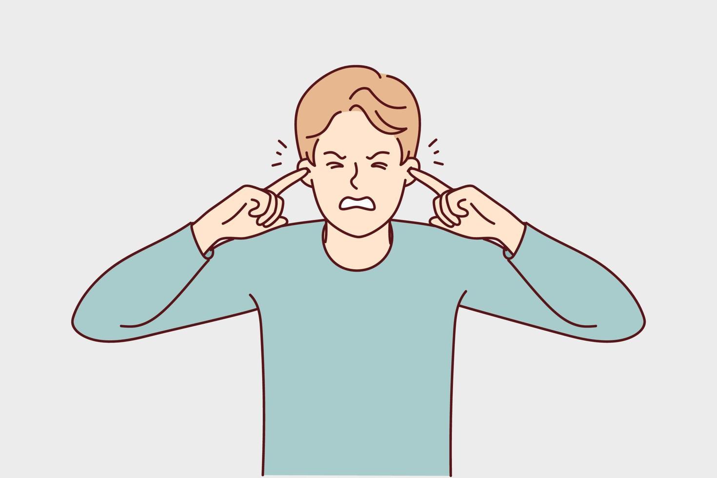 Unhappy young man cover ears suffer from unbearable noise. Upset stressed guy close ears feel bother and annoyed with sound. Vector illustration.