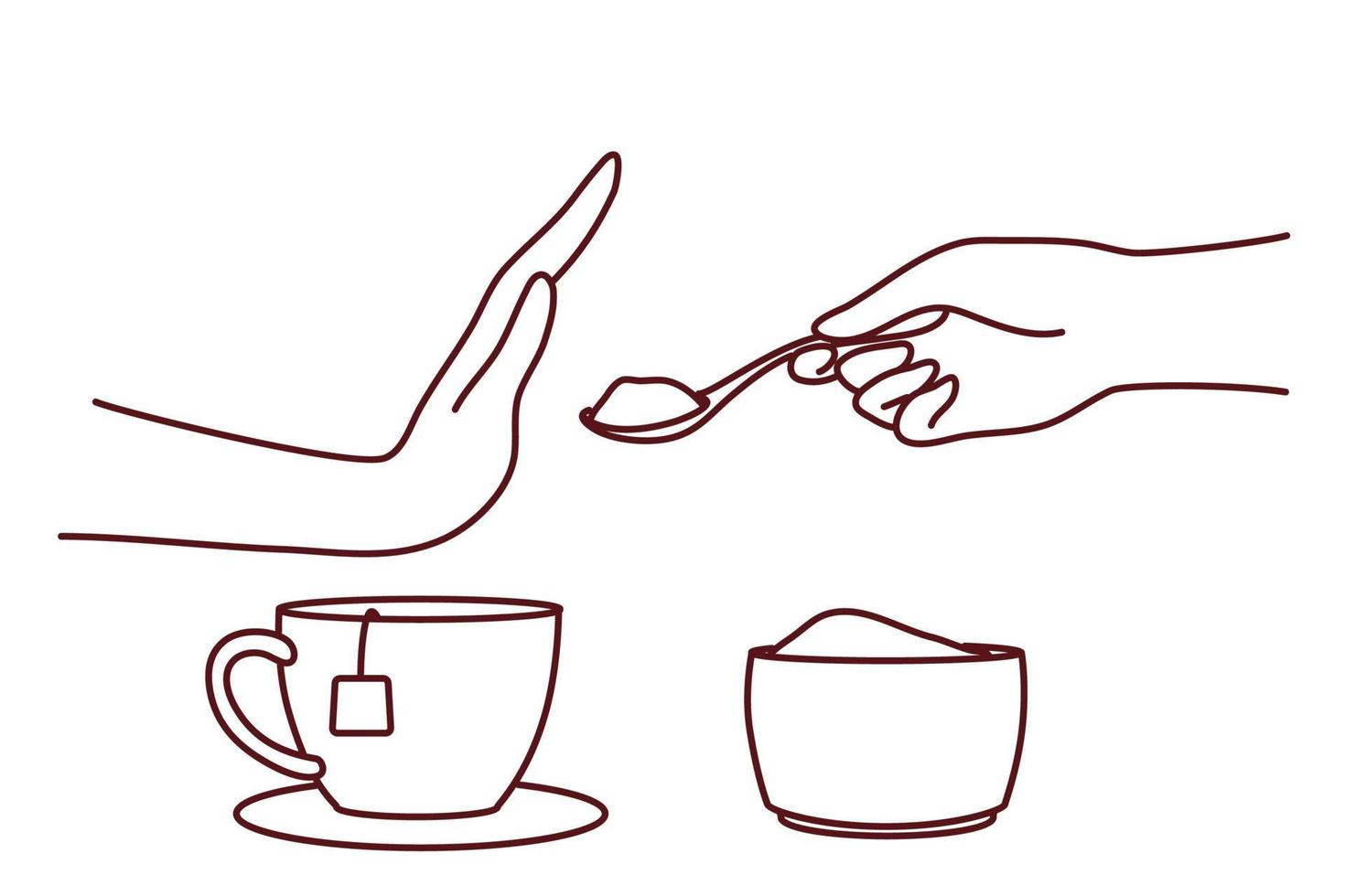 persona dice no al azúcar en el té o el café. el hombre o la mujer hacen que el gesto de la mano se rechace de los aditivos dulces y siga un estilo de vida saludable. ilustración vectorial vector