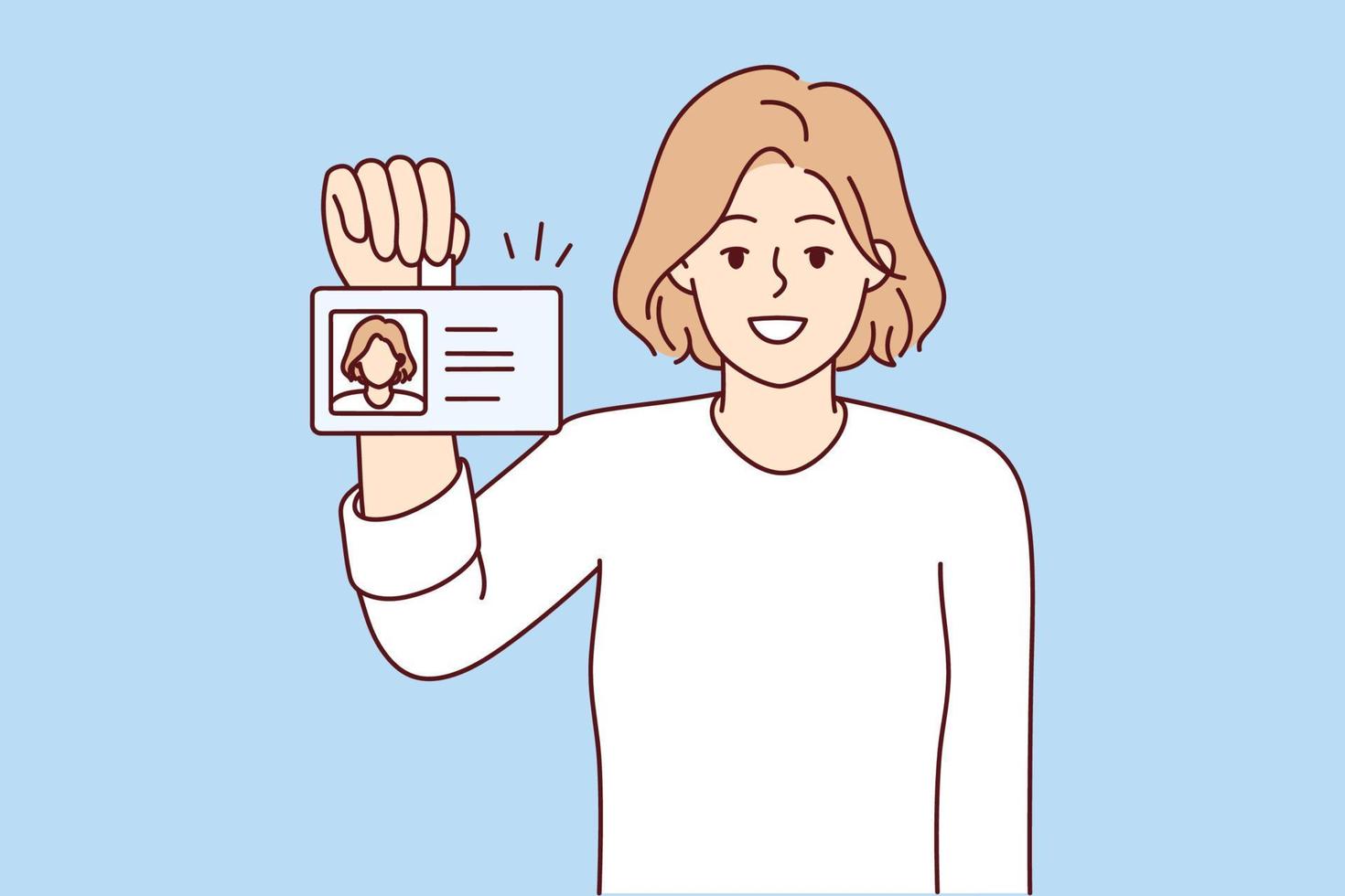 Positive woman shows badge with photo of personal data issued for use in office of corporation. Casual girl with smile and pride demonstrates document to employee company. Flat vector illustration