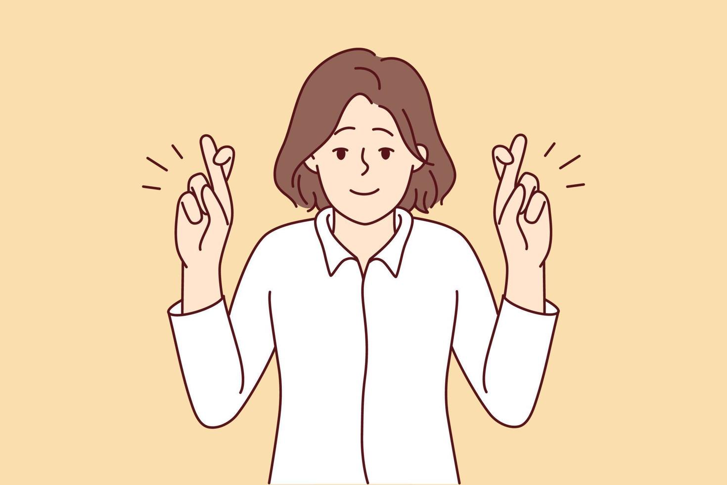 Smiling young woman cross fingers make wish. Happy female do hand gesture ask or hope for best. Vector illustration.