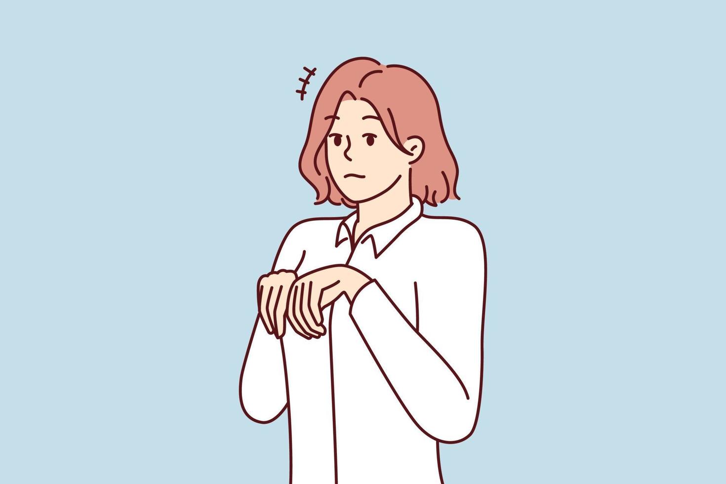 Young girl stands like puppy or bunny, bending palms near chest in pose symbolizing obedience and humility. Attractive woman in white shirt looks at screen in embarrassment. Flat vector image