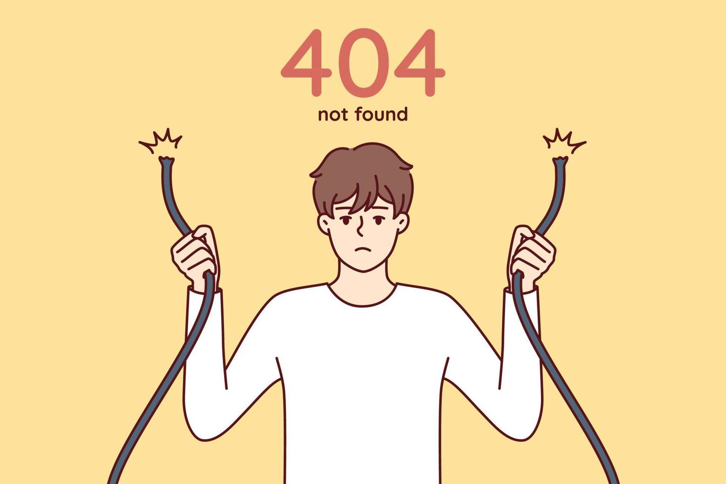 eror 404 con un hombre triste sosteniendo un cable roto en las manos y teniendo problemas para acceder al sitio de Internet. tipo con cable de red dañado que simboliza un error web al intentar acceder al servidor. imagen vectorial plana vector