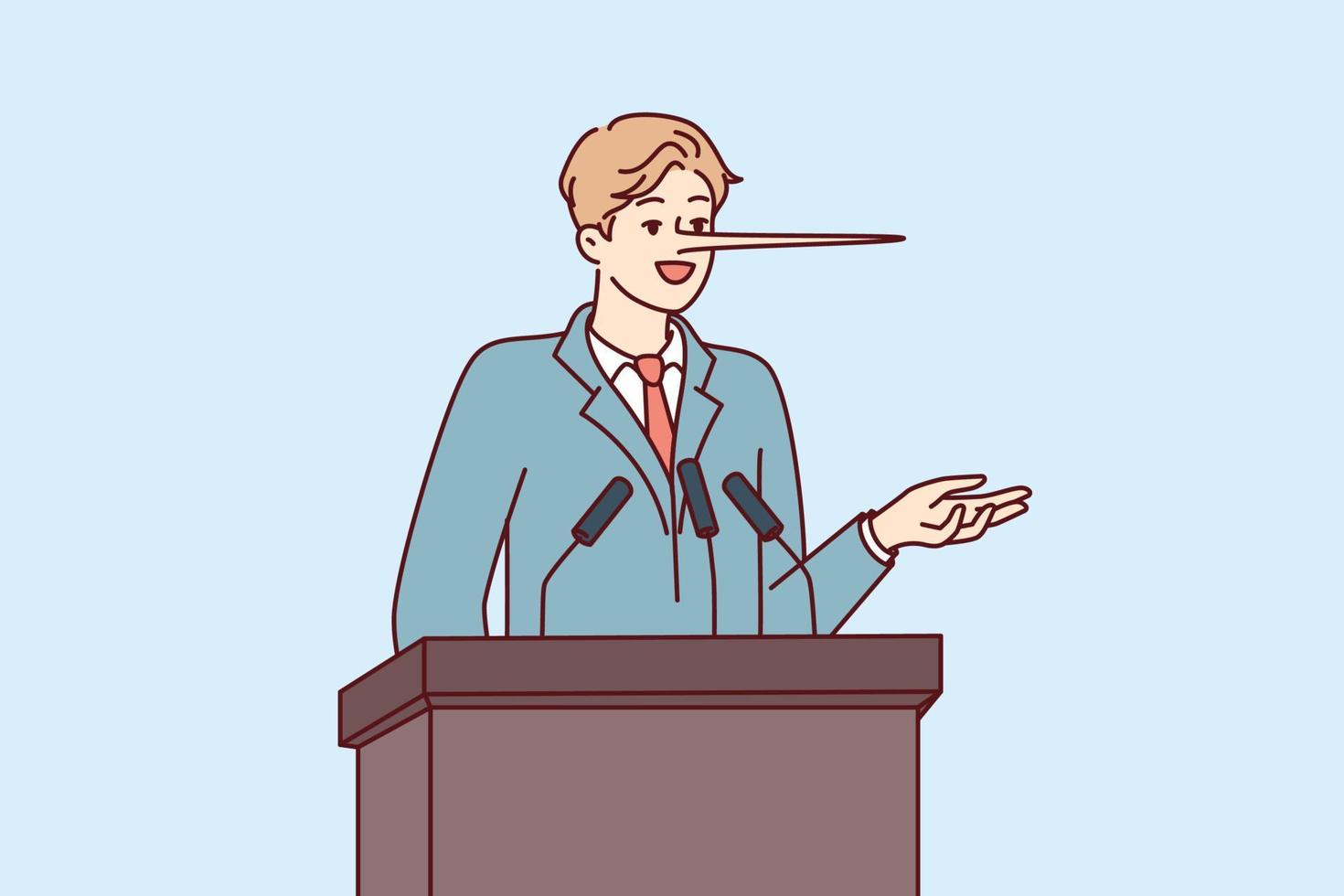 Dishonest man politician with long nose stands behind podium during election campaign. Statesman in business attire makes false and populist statements to potential voters. Flat vector illustration