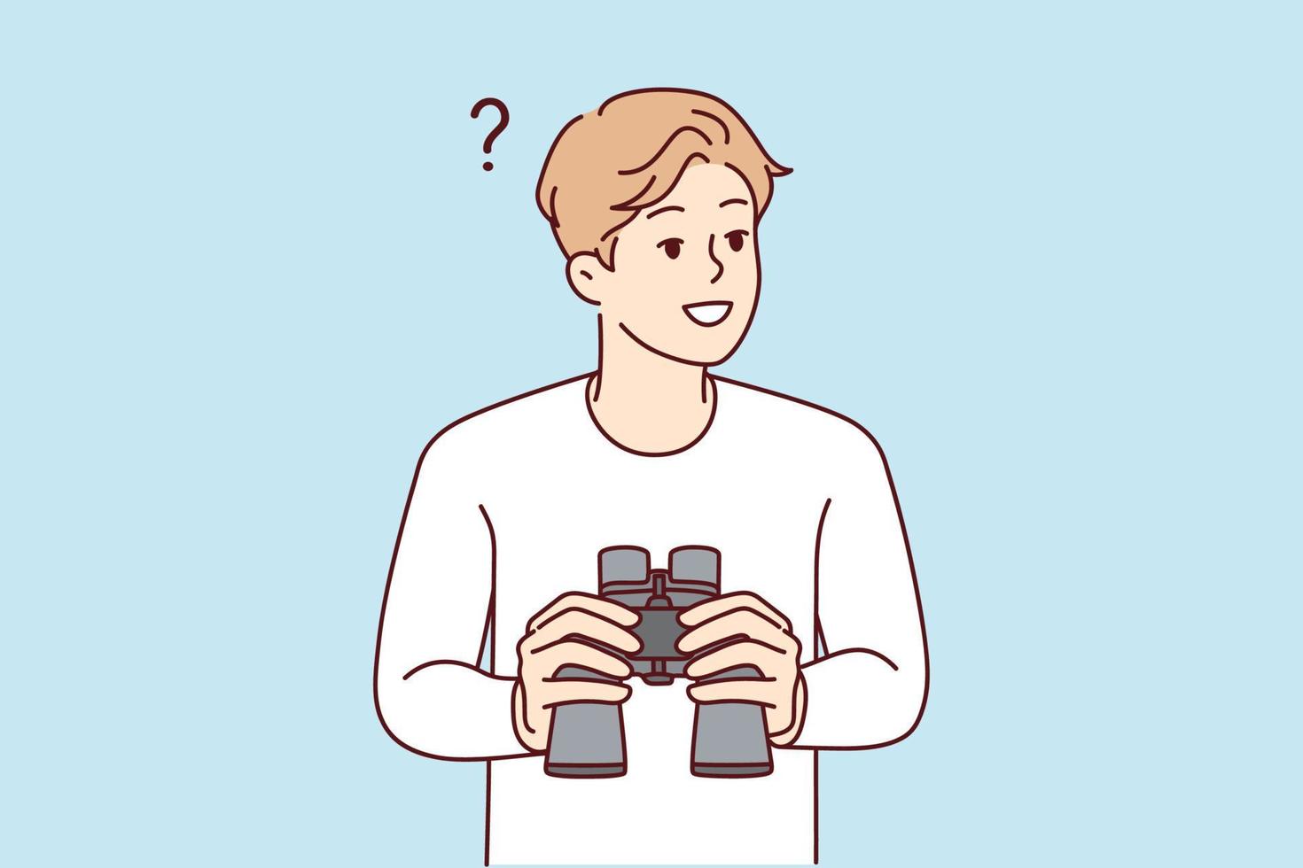 Smiling young man feeling confused holding binoculars in hands. Happy male frustrated looking in binocular finding solution. Exploration and discovery. vector