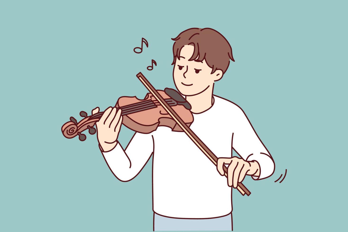 Happy young man playing on violin enjoying music. Smiling guy play on musical instrument. Hobby and entertainment. Vector illustration.