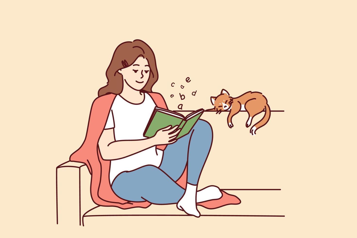 Happy young woman sit on sofa reading book with cat sleeping near. Calm relaxed girl rest on couch with novel enjoy weekend with pet. Vector illustration.
