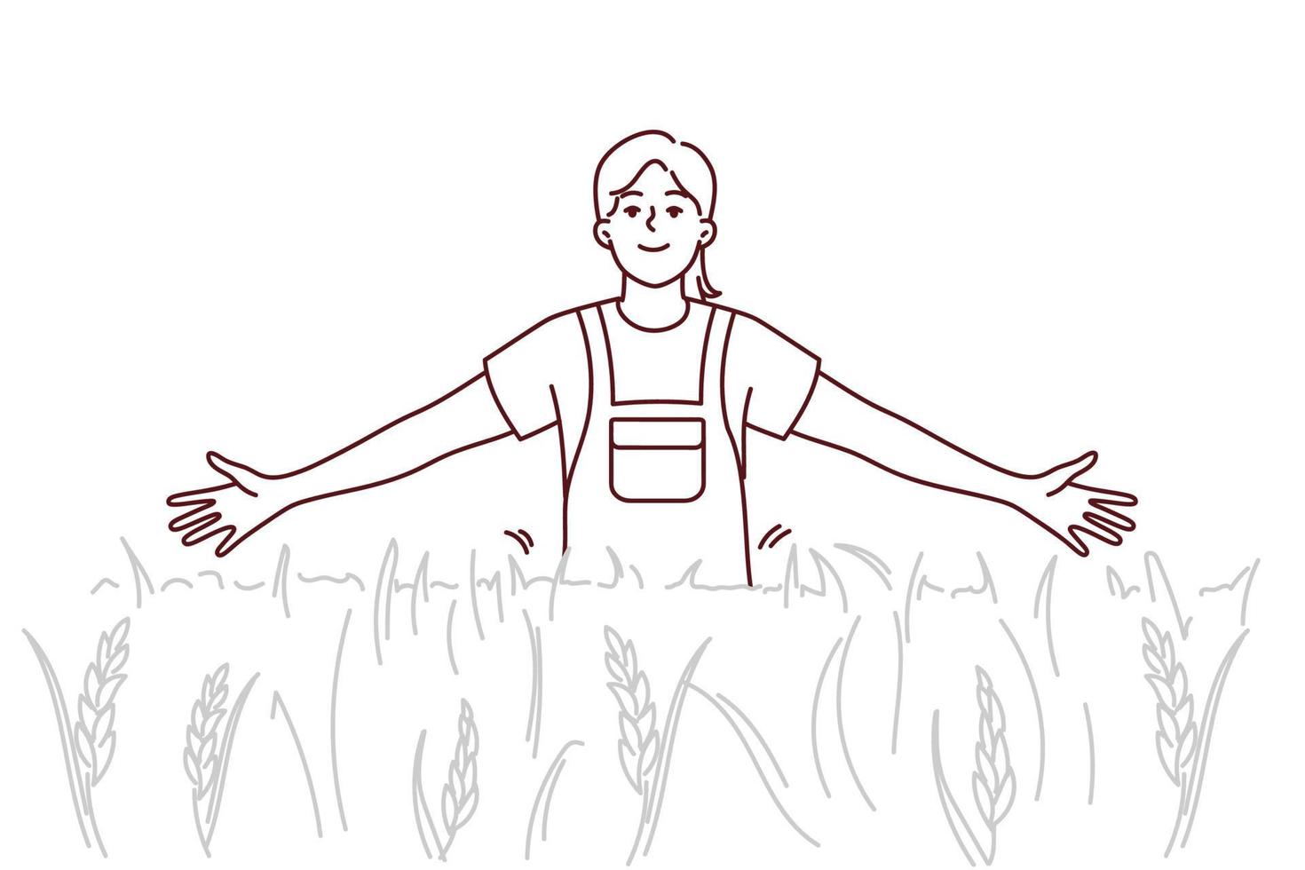 Smiling girl walking in field enjoying sunny weather outdoors. Happy female in cropland or pasture. Environment and nature. Vector illustration.