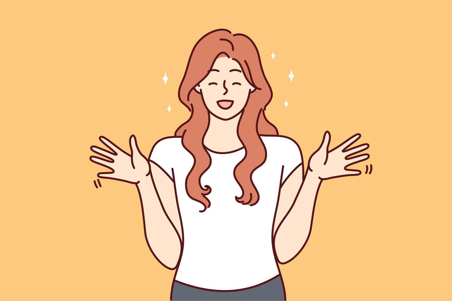 Excited young redhead woman feeling euphoric and overjoyed. Smiling female feel joyful and positive show emotions. Vector illustration.