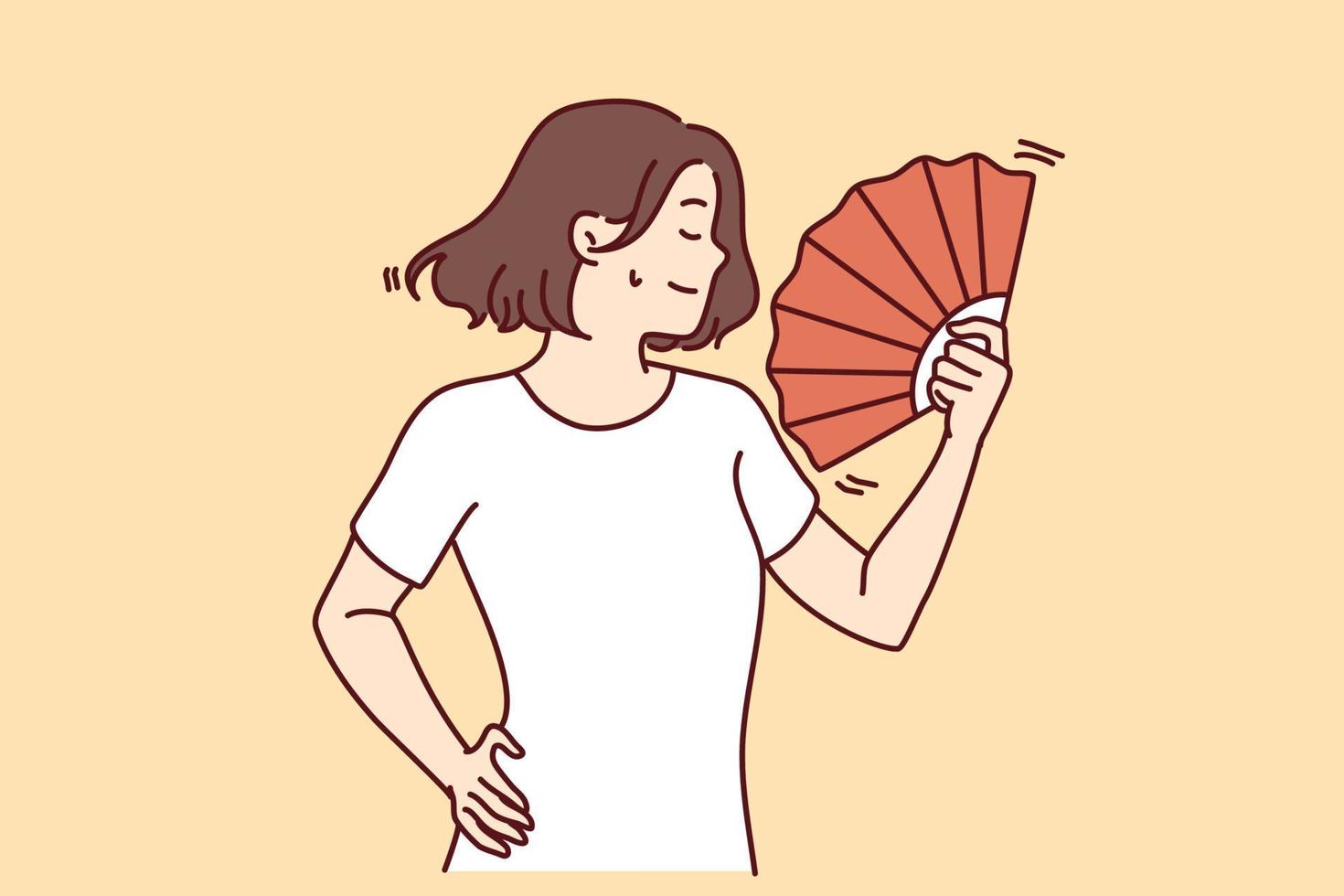 Young woman suffer from hot weather wave with hand fan. Unwell female struggle with heatstroke use waver for fresh air. Vector illustration.