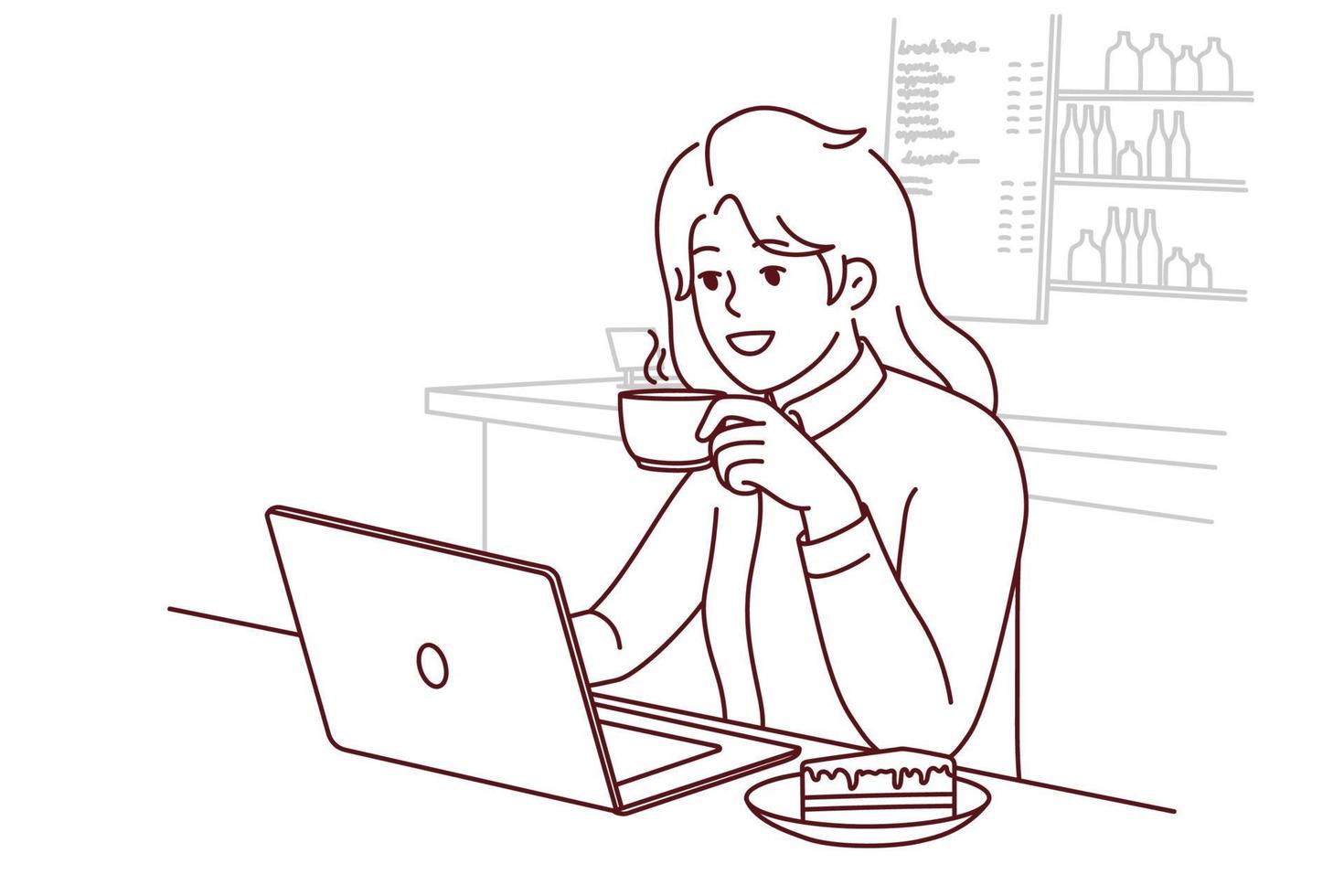 Smiling young woman sit in cafe working on computer. Happy girl drink coffee and cake study on laptop in coffee shop. Vector illustration.