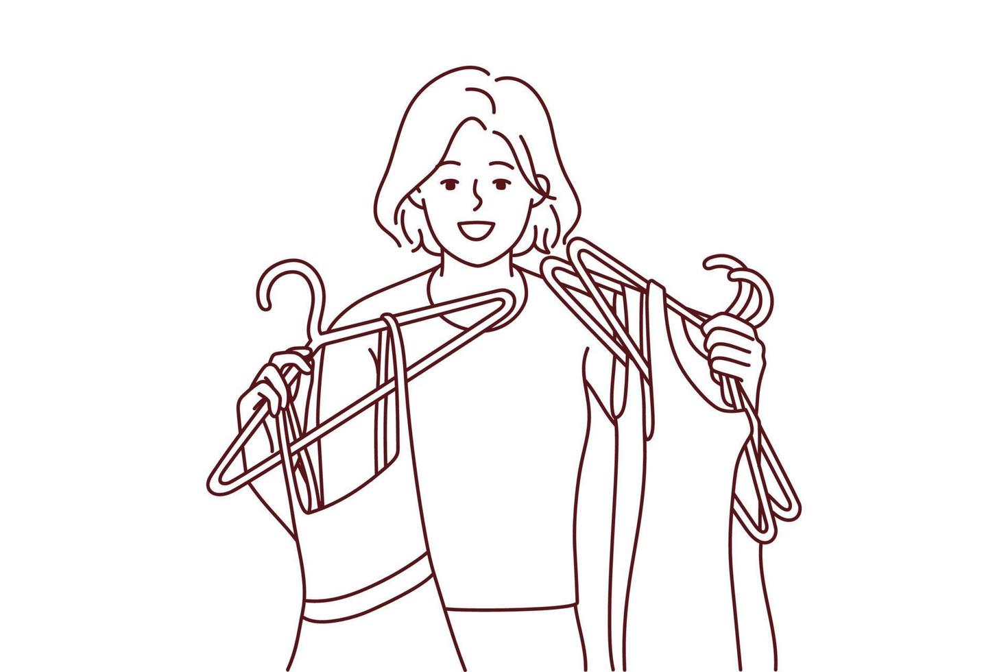 Happy young woman with dresses on hangers shopping in mall. Smiling girl buying fashion clothes in store. Style and consumerism. Vector illustration.