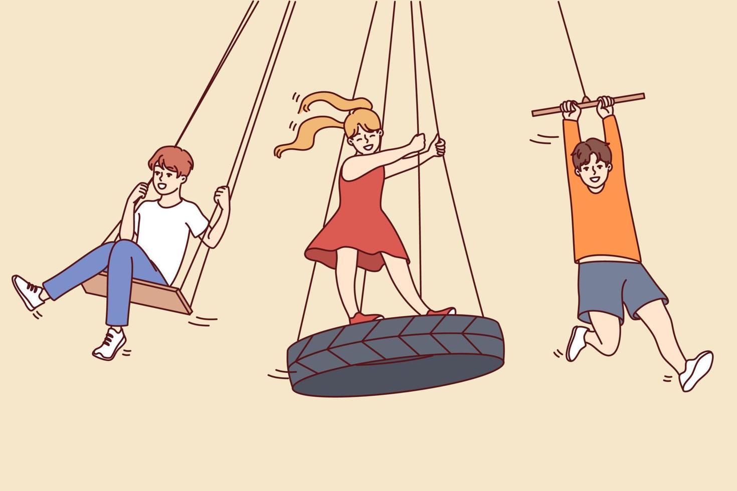 los niños felices se divierten montando columpios al aire libre. los niños sonrientes disfrutan de la actividad de ocio de verano en la calle. concepto de infancia. ilustración vectorial vector