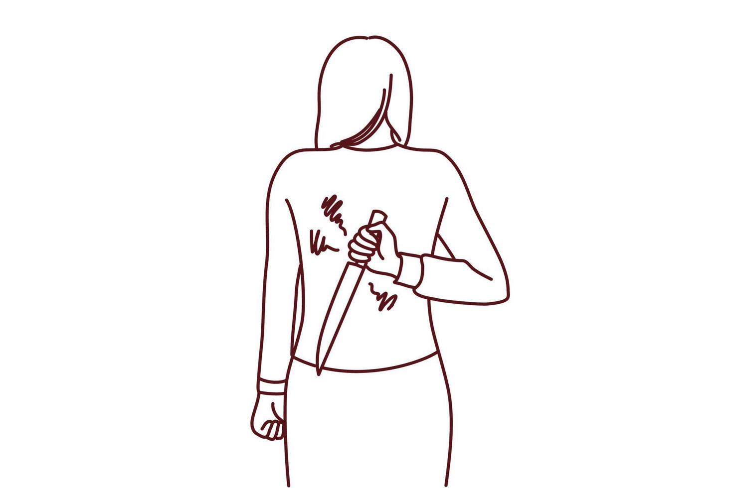 Woman hiding knife behind back ready to betray or attack. Businesswoman with weapon hidden. Risky deal or rivalry. Vector illustration.