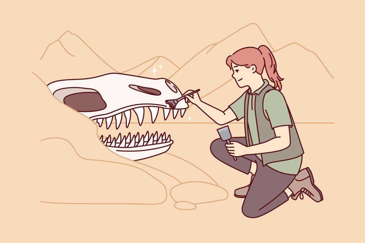 Woman archaeologist near giant dinosaur skull cleans head ancient animal with brush. Girl explorer kneeling down participates in excavation, carefully removing skeleton from sand. Flat vector design