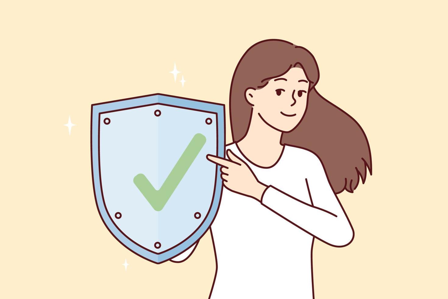 Woman with metal shield demonstrates that is protected from viruses. girl points finger at checkmark symbolizing web security using social networks and Internet applications. Flat vector image