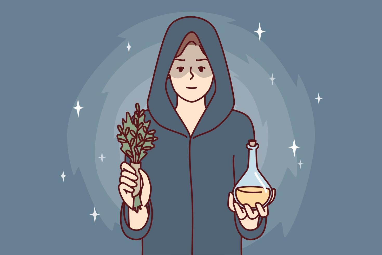 Woman sorceress dressed in cloak with hood holds miraculous elixir and sprig of plant. Healer girl prepared for mysterious rite using magic or healing conspiracy. Flat vector image