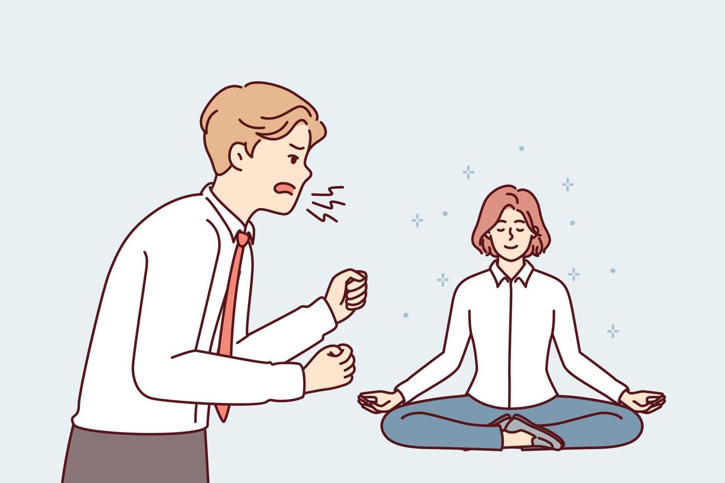 Angry manager yelling at employee sitting in lotus position and not paying attention to employer bad attitude. Girl uses meditation and yoga located near screaming unbalanced man. Flat vector design