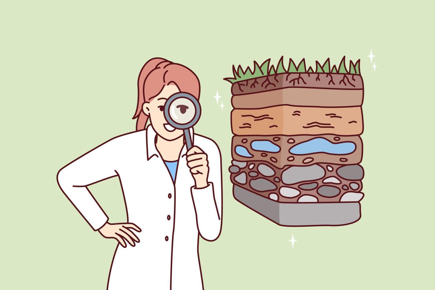 Woman scientist with magnifying glass is engaged in geology in search of deposits of valuable resources. Girl ecologist in white coat conducts examination of soil pollution. Flat vector illustration