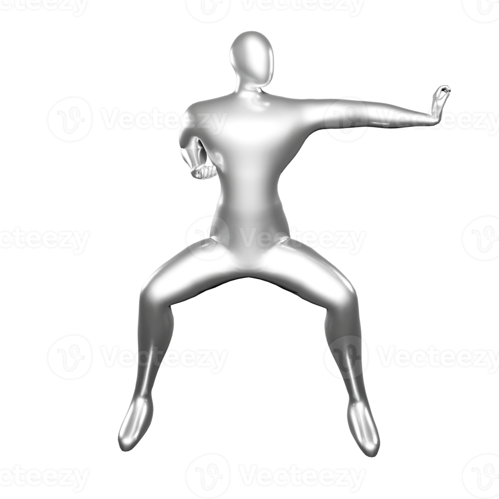 3D-Darstellung von silbernem Stickman-Karate-Pose-Stanzen mit der linken Handfläche - perfektes Bild für Kampfsportfans png