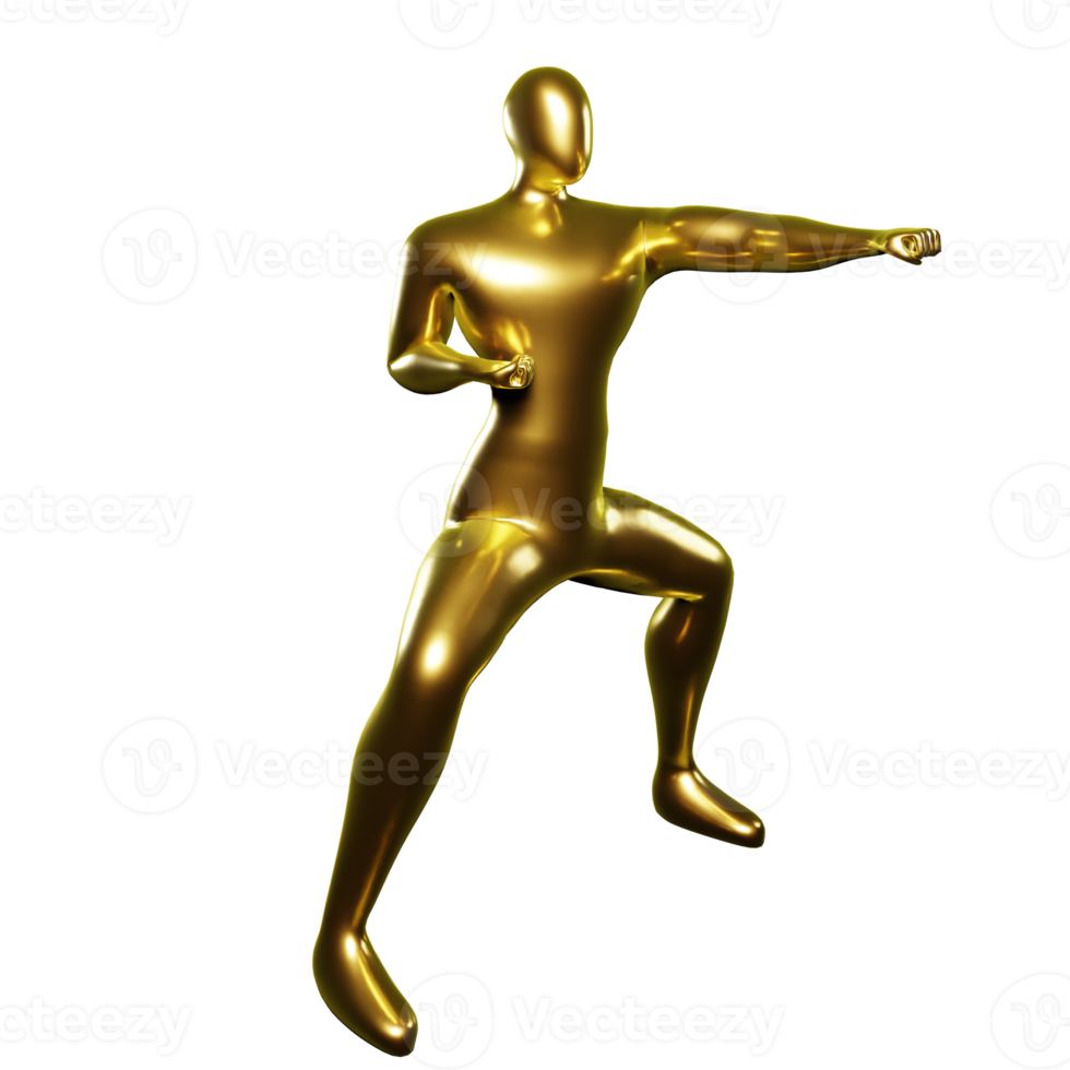 Renderização 3D da pose de karate stickman de ouro com socos na mão esquerda - visual perfeito para fãs de artes marciais png