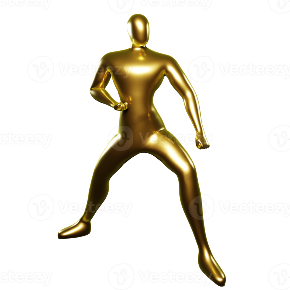 3d rendere oro stickman karatè posa nel posizione con braccia dritto vicino per ginocchia - Perfetto visivo per marziale arti appassionati png