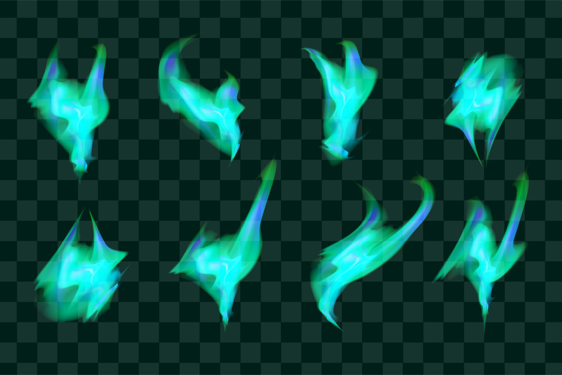 Set of green turquoise fire flame. Collection of hot flaming element