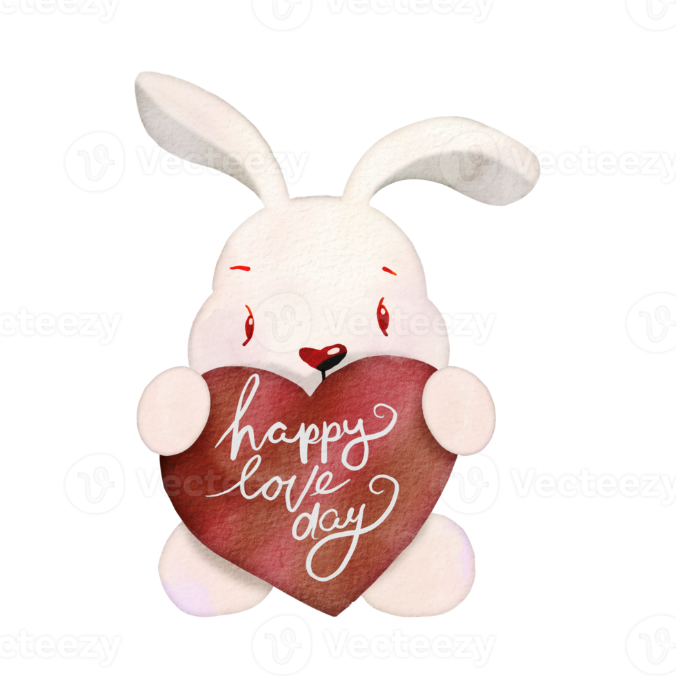 Watercolor illustration of  Cute  Rabbit  hugging heart ,cute item PNG design  ,PNG Transparency