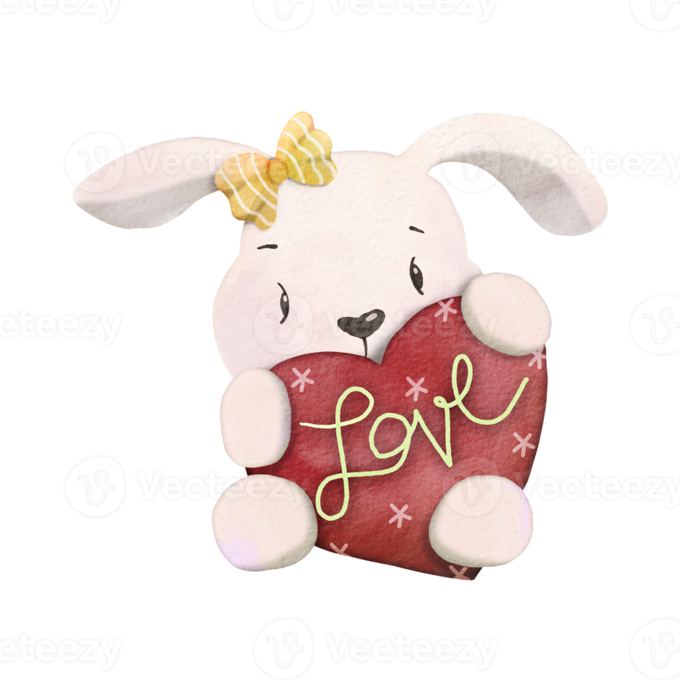 Watercolor illustration of  Cute  Rabbit  hugging heart ,cute item PNG design  ,PNG Transparency