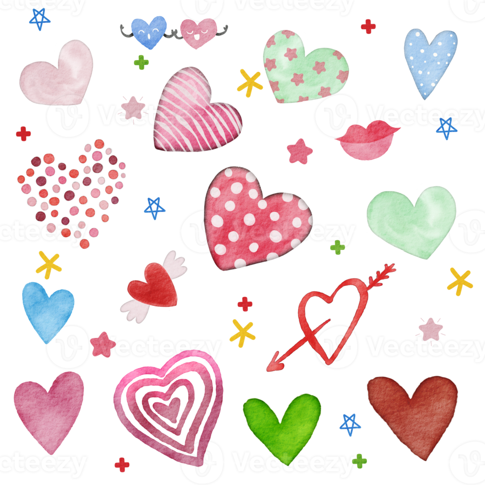 Watercolor illustration of cute valentine objects ,cute item design , various heart shapes  ,PNG Transparency png