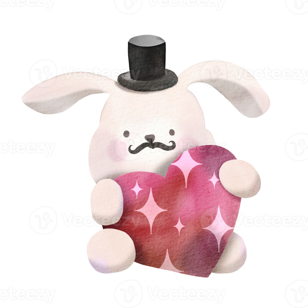 Watercolor illustration of  Cute  Rabbit  hugging heart ,cute item PNG design  ,PNG Transparency