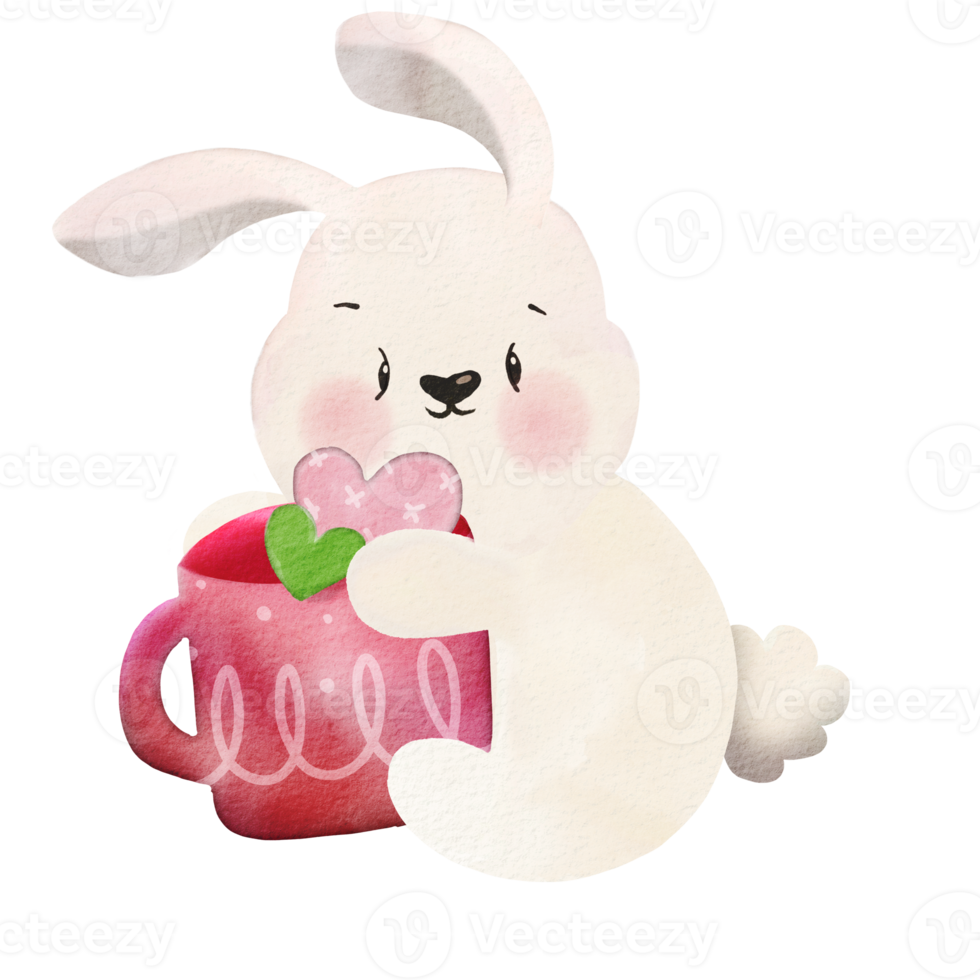 Watercolor illustration of  Cute  Rabbit  hugging heart ,cute item PNG design  ,PNG Transparency