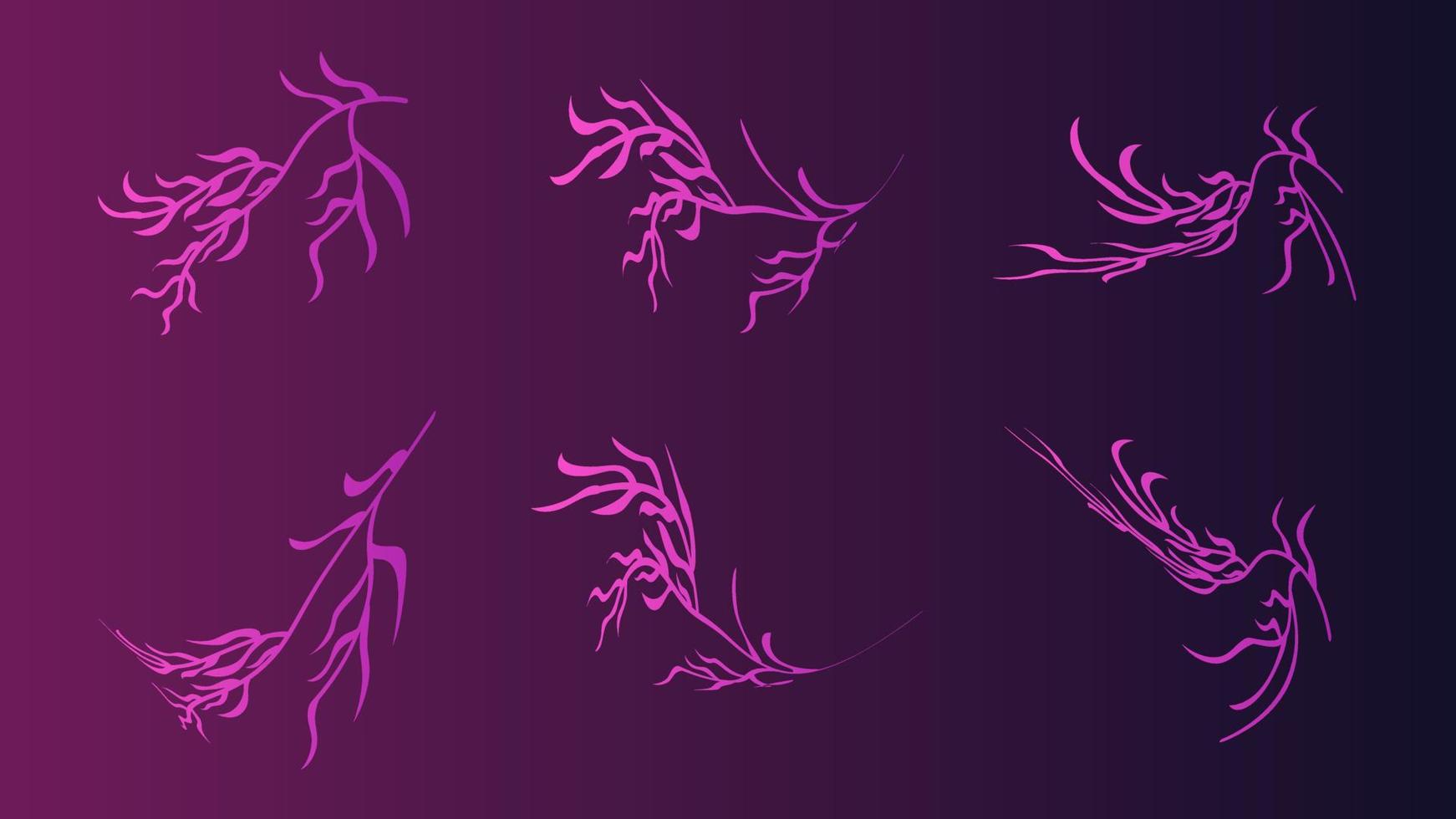 conjunto de gradiente de rama púrpura de una planta con hojas y una silueta de un pájaro para un salón de belleza vector