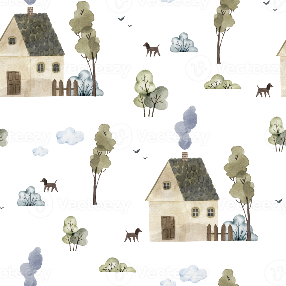 Seamless pattern with houses, nature and dogs. watercolor illustration. png