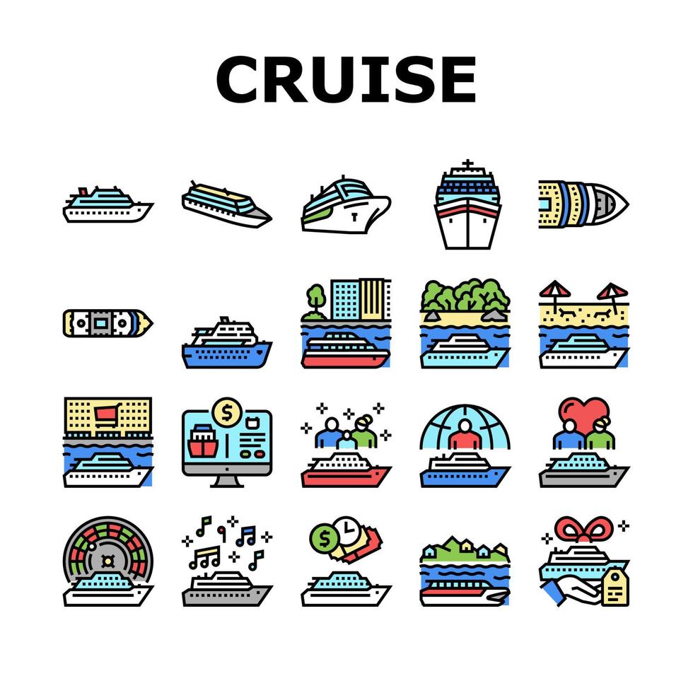 Cruise Ship Vacation Enjoyment Icons Set Vector