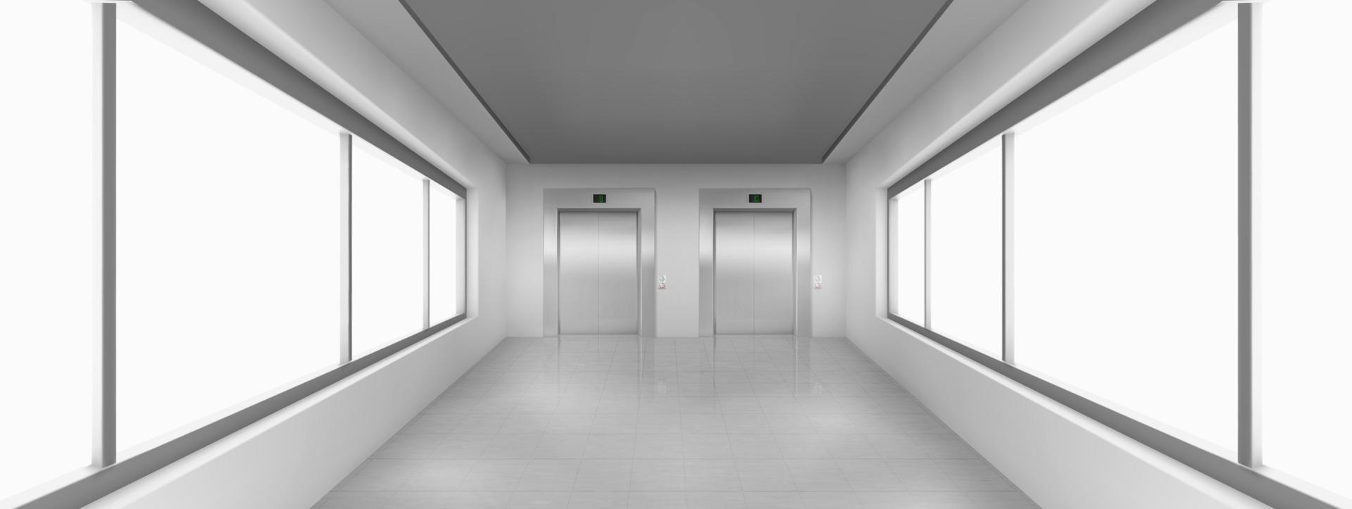 Empty corridor with large windows, elevator doors vector