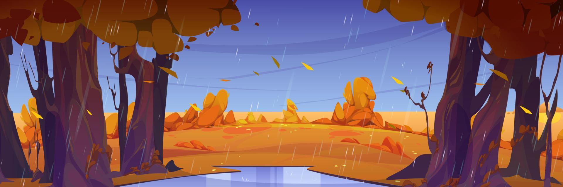 Rain in autumn forest, wild nature landscape, fall vector