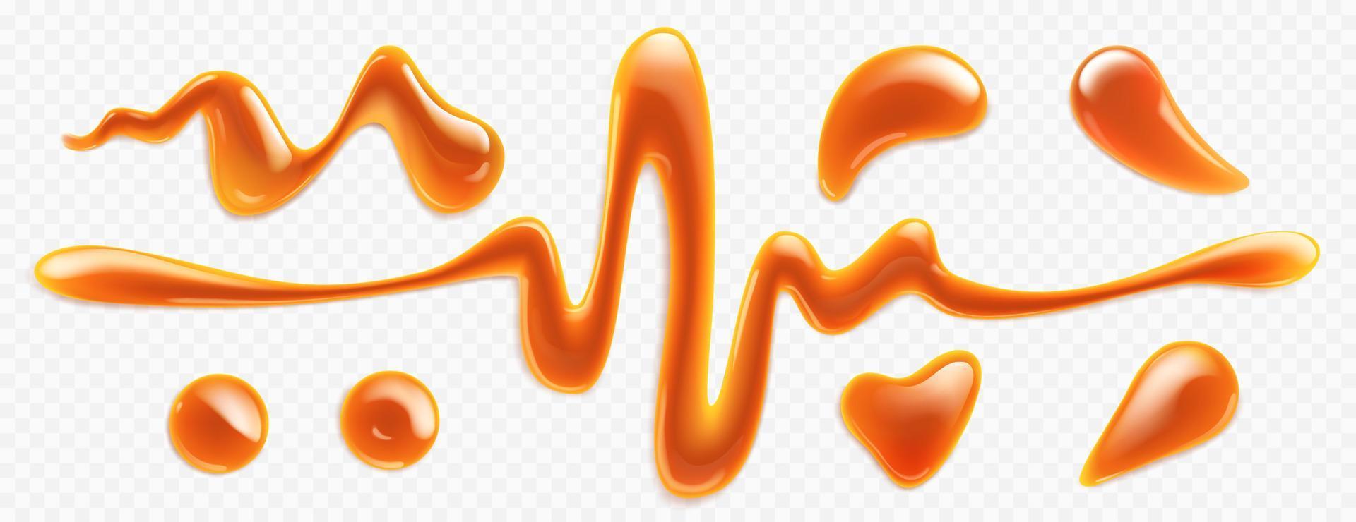 Caramel drops, toffee, sugar caramelization drips vector
